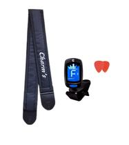 Correia alça larga almofadada violão guitarra baixo cavaquinho viola cinta ajustável + afinador digital cromático de clip no braço + 2 palhetas