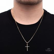Corrente 1mm Veneziana 60cm e Pingente Crucifixo Pequeno Liso Banhado a Ouro 18k