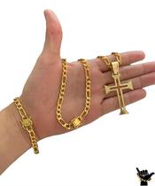 Corrente 3X1 10Mm + Pulseira + Pin Cruz - Banhado A Ouro 18K