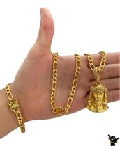 Corrente 3X1 10Mm + Pulseira + Ping Rosto - Banhado A Ouro