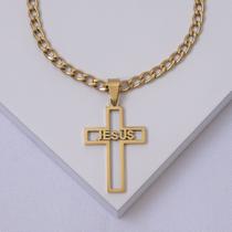 Corrente Aço Inox Dourado Elos Grumet com Pingente Cruz Escrito Jesus