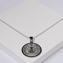 Corrente Aço Inox Masculina Medalha São Bento Prateada