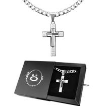 corrente aço inox prata + pingente crucifixo grande + caixa social qualidade premium original casual presente