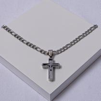 Corrente Aço Inox Prateado Elos 3x1 com Pingente Cruz