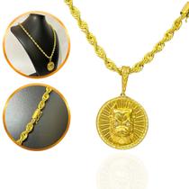 Corrente Baiano 8mm + Pingente Medalhão Pitbull Cravejado