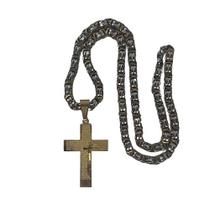 Corrente Bali Multicolor 8mm Prateado E Dourado Bicoloer Pingente Cruz Pai Nosso Dourado Com Detalhe Aço Inox 60cm