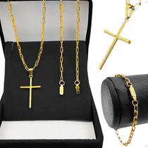 Corrente banhada aço inox + pulseira + pingente crucifixo moda masculina qualidade premium presente religioso original
