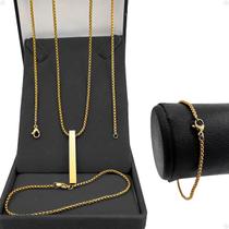 Corrente banhada aço ouro personalize + pingente bastão + corrente dourada aço social casual Insira seu nome presente