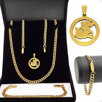 Corrente banhada + corrente aço inox + pulseira são jorge moda masculina casual estiloso original grumet social presente