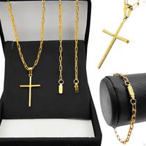 Corrente banhada ouro 18k tijolinho inox + pingente crucifixo + pulseira presente moda masculina