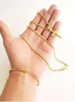 Corrente Banhado A Ouro Cadeado 3mm Pulseira+Pingente Cruz Corrente Banhado A Ouro Cadeado 3mm Pulseira+Pingente Cruz