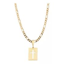 Corrente banhado ouro 3x 24k 18k e 22k masculina fina 60 cm com pingente retangular cruz vazada rommanel 530109 540104