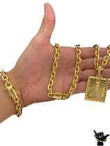 Corrente Cadeado 10Mm + Pulseira + Pingente - Banhado A Ouro