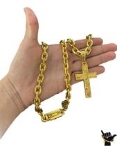 Corrente Cadeado 12mm + Pingente Cruz - Banhado a Ouro 18k