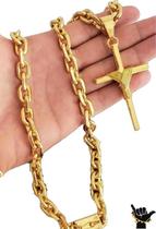Corrente Cadeado 12Mm + Pingente Cruz Fio - Banhado A Ouro