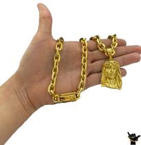 Corrente Cadeado 12mm + Pingente Rosto Cristo Banhado a Ouro