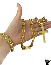Corrente Cadeado 12mm + Pulseira + Pingente - Banhado a Ouro