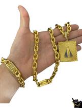Corrente Cadeado 12mm + Pulseira + Pingente - Banhado a Ouro Corrente Cadeado 12mm + Pulseira + Pingente - Banhado a Ouro