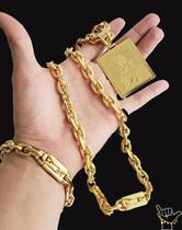 Corrente Cadeado 12mm + Pulseira Pingente Banhados a Ouro