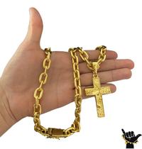 Corrente Cadeado 14mm + Pingente Cruz - Banhado a Ouro 18k