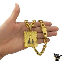 Corrente Cadeado 14mm + Pingente Nossa Senhora - Banhado a Ouro