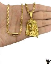 Corrente Cadeado 3mm + Pingente Rosto Cristo Banhado a Ouro Corrente Cadeado 3mm + Pingente Rosto Cristo Banhado a Ouro