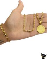 Corrente Cadeado 3mm + Pulseira + Pingente - Banhado a Ouro Corrente Cadeado 3mm + Pulseira + Pingente - Banhado a Ouro