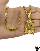 Corrente Cadeado 4mm + Pingente Rosto Cristo -Banhado a Ouro