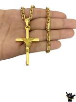 Corrente Cadeado 5mm + Pingente Cruz Fio Banhado a Ouro 18k