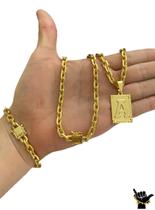 Corrente Cadeado 6mm + Pulseira + Pingente - Banhado a Ouro