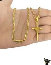 Corrente Cadeado Alongado 5Mm +Ping Cruz Fio -Banhado A Ouro