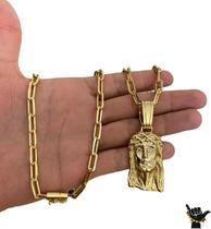 Corrente Cadeado Alongado 7mm Pingente Rosto -Banhado a Ouro