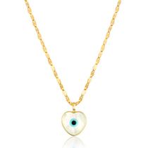 Corrente Colar Cordão Coffee + Pingente Olho Grego Coração Grande Ouro 18k