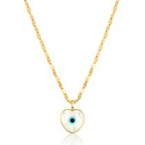 Corrente Colar Cordão Coffee + Pingente Olho Grego Coração Grande Ouro 18k