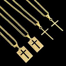 Corrente Colar Correntinha Masculina Grumet Banhado A Ouro 18k Cordão Fino com 2 Pingentes Pingente Cruz Placa Exclusivo Premium