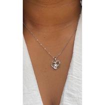 Corrente Colar Feminina com Pingente Coração Entrelaçado com Zircônia Aço Inoxidável Prateado