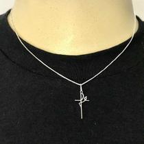 Corrente Colar Gargantilha Veneziana + Pingente Fé Cruz Crucifixo 40cm Prata 925 - Belo Conjunto