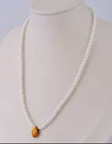 Corrente Colar Perola Biva + Pedra Natural Gota 1cm + Extensor 40cm