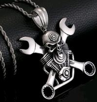 Corrente com Pingente Aço Inox Caveira motor Ferramenta Mecânico