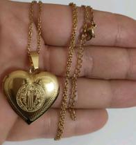 Corrente com Pingente em Aço Inox Coração Relicário São Bento