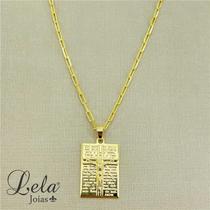Corrente com pingente placa cruz com oração de pai nosso folheado em ouro 18k