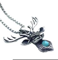 Corrente com Pingente Poderoso Cabeça de Alce com Olho Turquesa Rock Biker