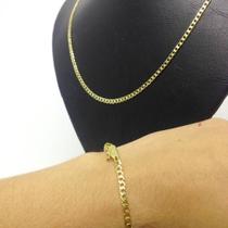 Corrente Cordão 80cm 3mm + Pulseira 20cm grumet curta fecho gaveta banhada a ouro 18k