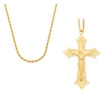 Corrente Cordão Baiano Masculino 70cm 3mm Com Pingente Crucifixo Tudo Folheado Ouro