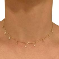 Corrente Cordão Bailarina em Ouro 18k Com Pingentes Gotas Zircônias Colar Gargantilha Feminina 40e 45cm Corrente Cordão Bailarina em Ouro 18k Com Pingentes Gotas Zircônias Colar Gargantilha Feminina 40e 45cm