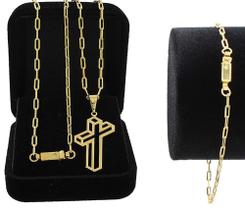 Corrente Cordão Banhado A Ouro 18k Masculino + Pingente Cruz