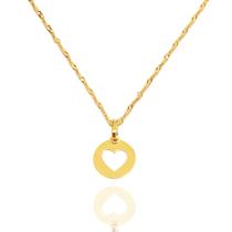 Corrente Cordão Feminino Singapura Com Pingente Coração Vazado Ouro 18k 40 cm