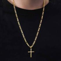Corrente cordão masculino 3x1 60cm + pingente crucifixo banhado ouro 18k mimoo joias