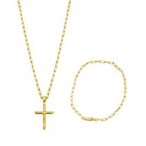Corrente cordão masculino 60cm + pingente crucifixo + pulseira banhado a ouro 18k mimoo joias