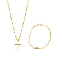 Corrente cordão masculino 60cm + pingente cruz + pulseira banhado a ouro 18k mimoo joias